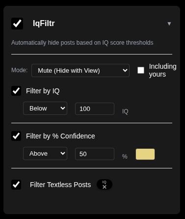 IqFiltr popup settings showing IQ filtering options with checkboxes and configuration options